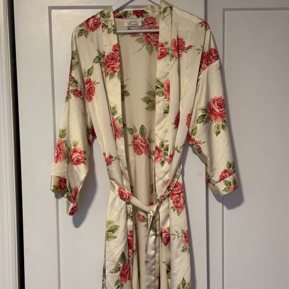 Vintage Cream and Floral Satin Robe